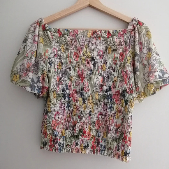 By Anthropologie Aurelia Floral Smocked Top Blouse with Puff Sleeves Large - Picture 4 of 16